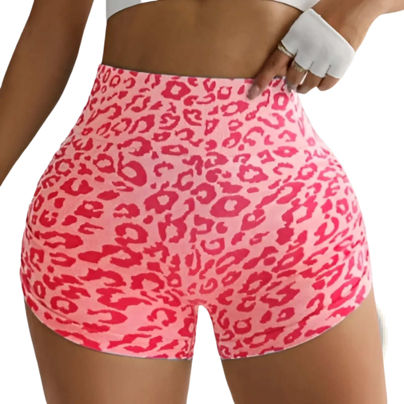Pink leopard print high waisted butt lifting fitness shorts shown from the back for workout and activewear use