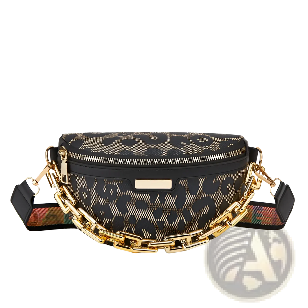 Black and gold leopard print waist bag for women with chunky chain strap and stylish animal pattern design
