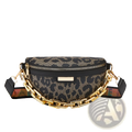 Black and gold leopard print waist bag for women with chunky chain strap and stylish animal pattern design