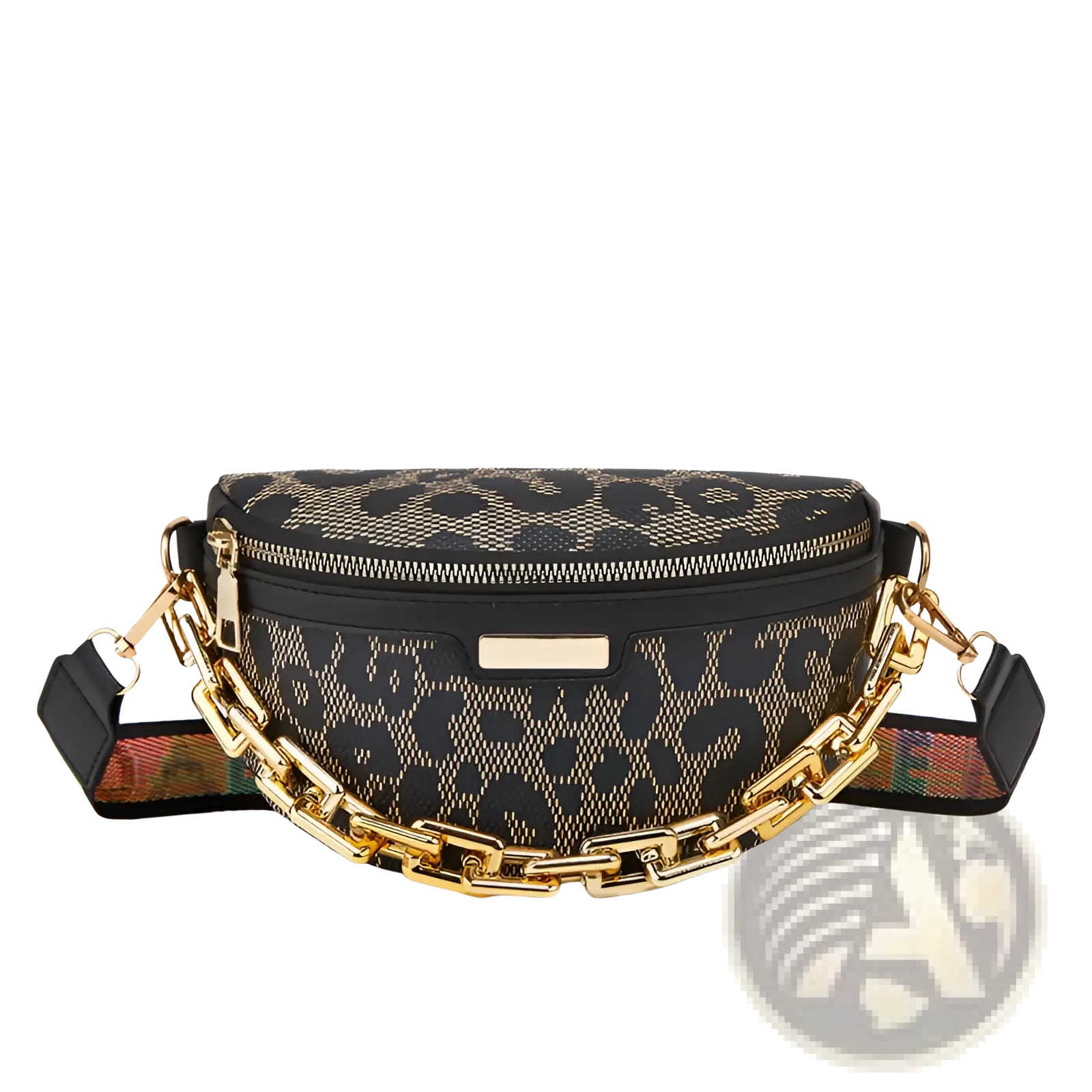 Black and gold leopard print waist bag for women with chunky chain strap and stylish animal pattern design