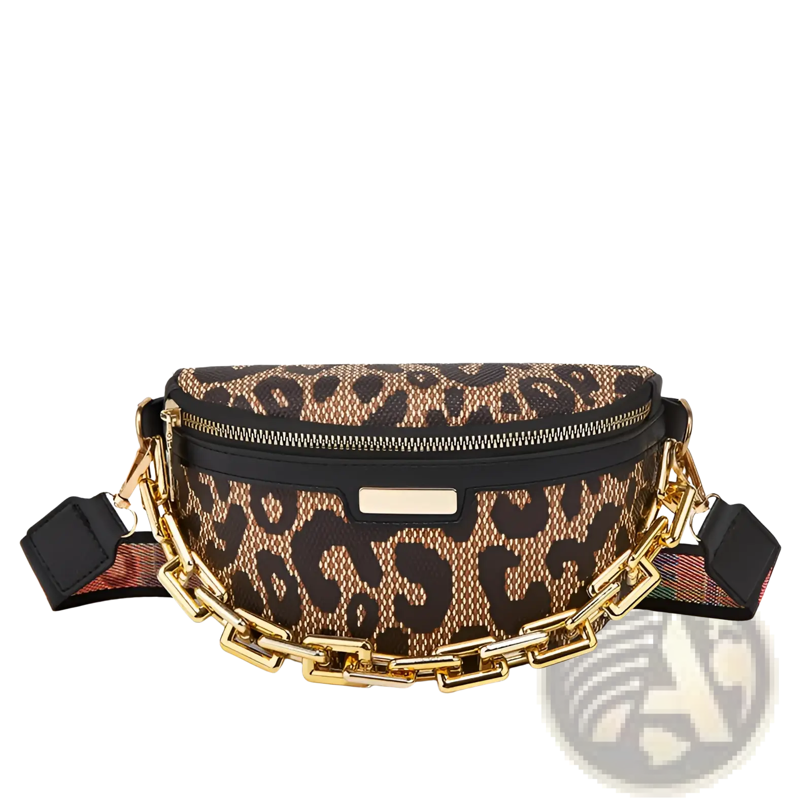 Leopard print chain waist bag for women featuring gold-tone chain strap and black accents on fabric material
