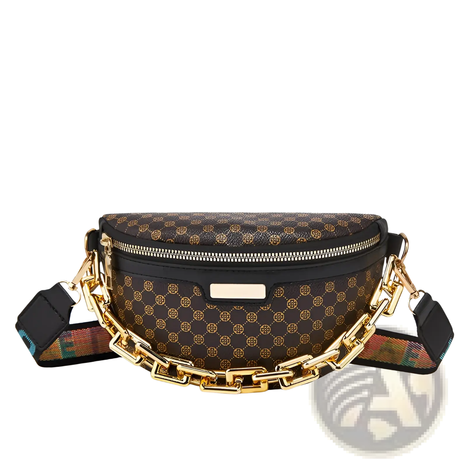 Leopard print chain waist bag for women in brown and gold with a bold chain strap and patterned design
