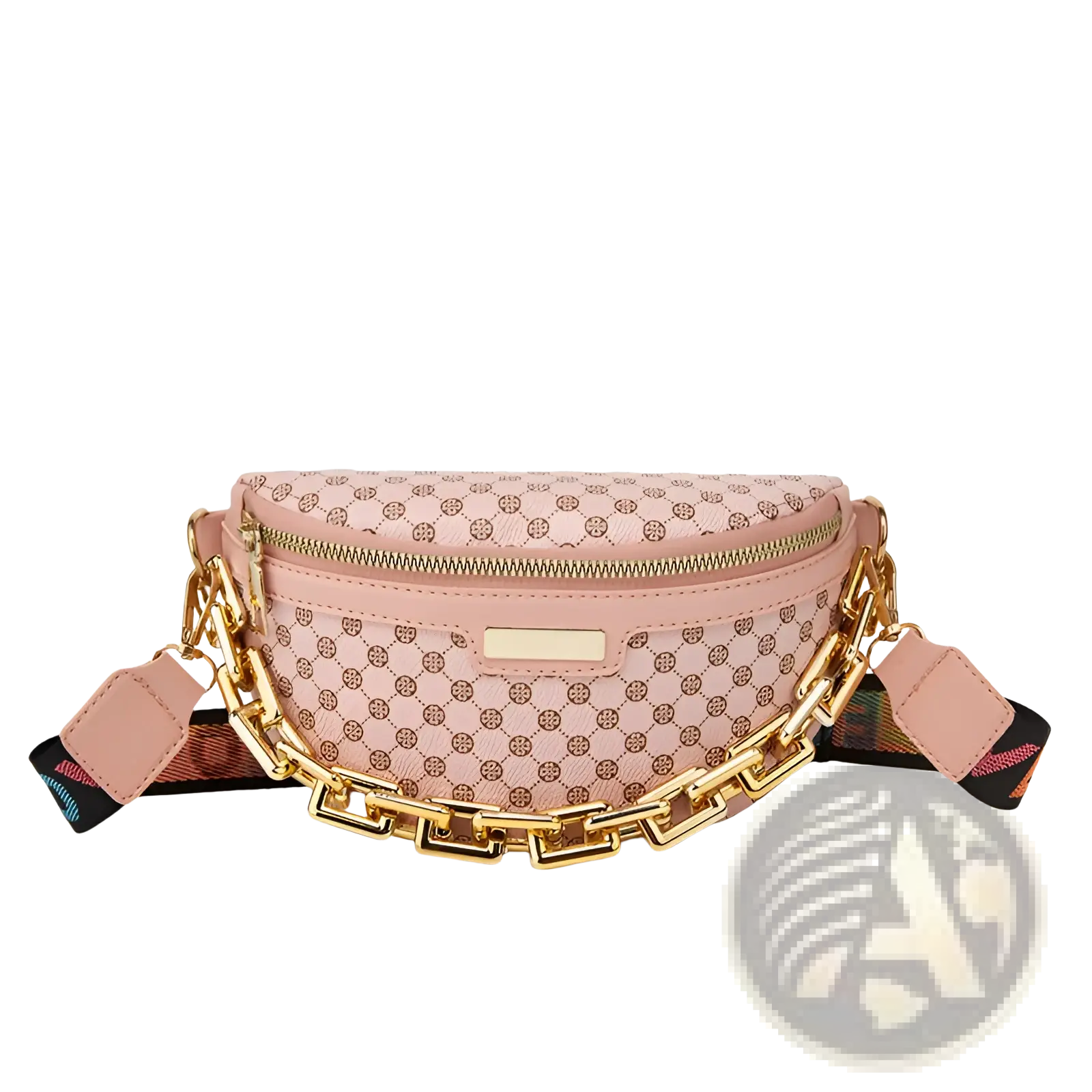 Pink leopard print chain waist bag for women with monogram pattern, gold-tone chain strap, and adjustable fabric belt