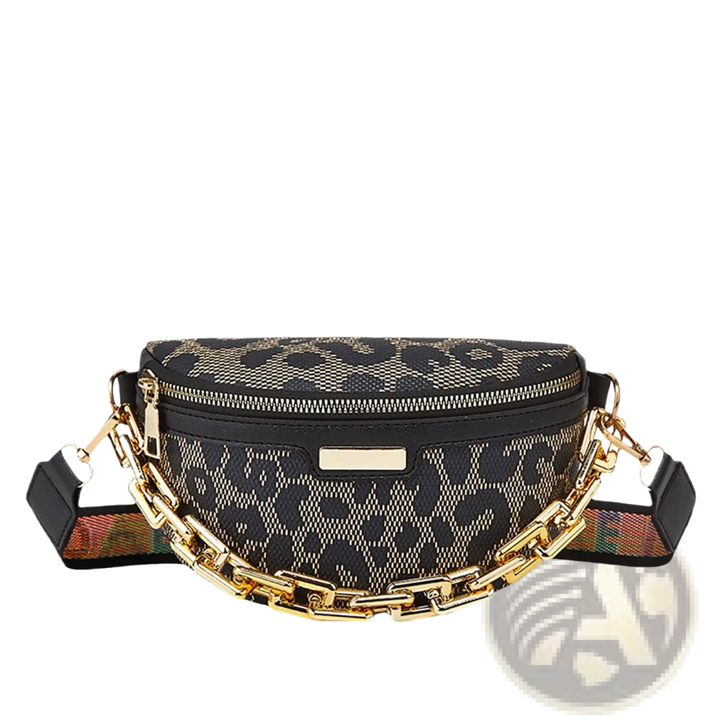 Black and beige leopard print woven belt bag for women with gold tone chain strap for stylish waist wear
