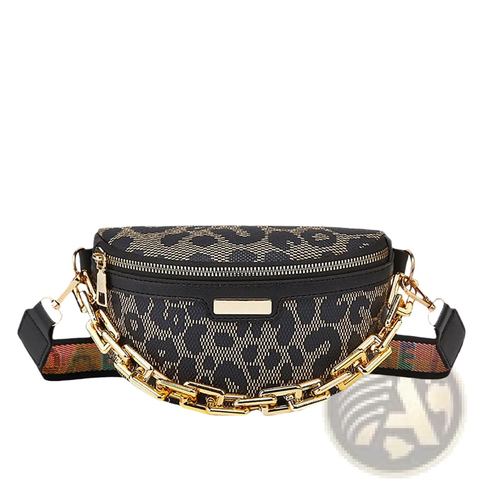 Black and beige leopard print woven belt bag for women with gold tone chain strap for stylish waist wear