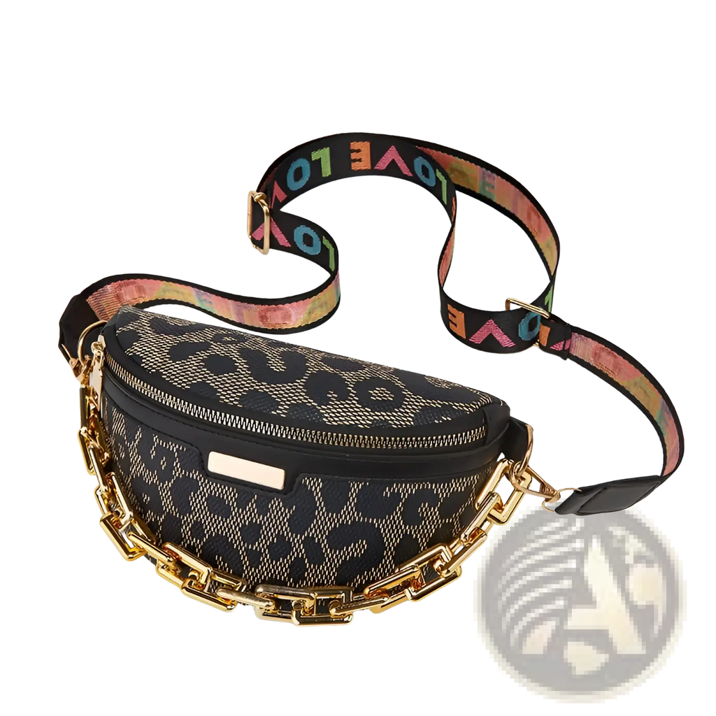 Black leopard-print waist bag for women with gold-tone chain and colorful love printed shoulder strap