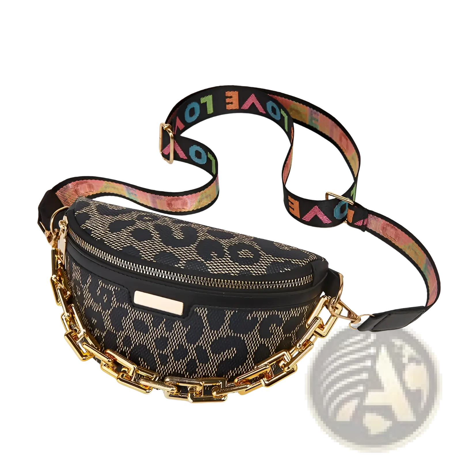Black leopard-print waist bag for women with gold-tone chain and colorful love printed shoulder strap