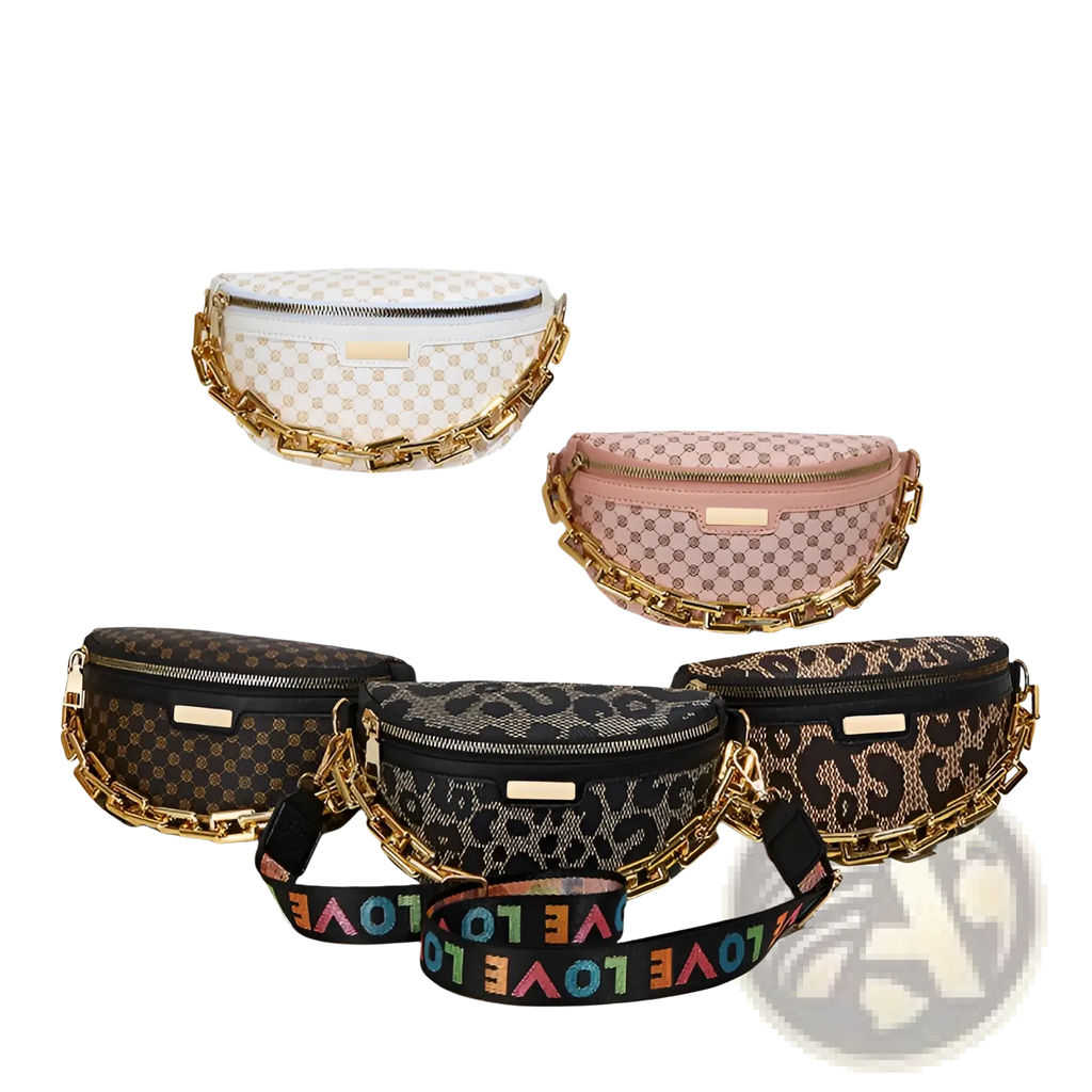 A collection of stylish waist bags with gold-tone chain straps in white pink brown and leopard print designs