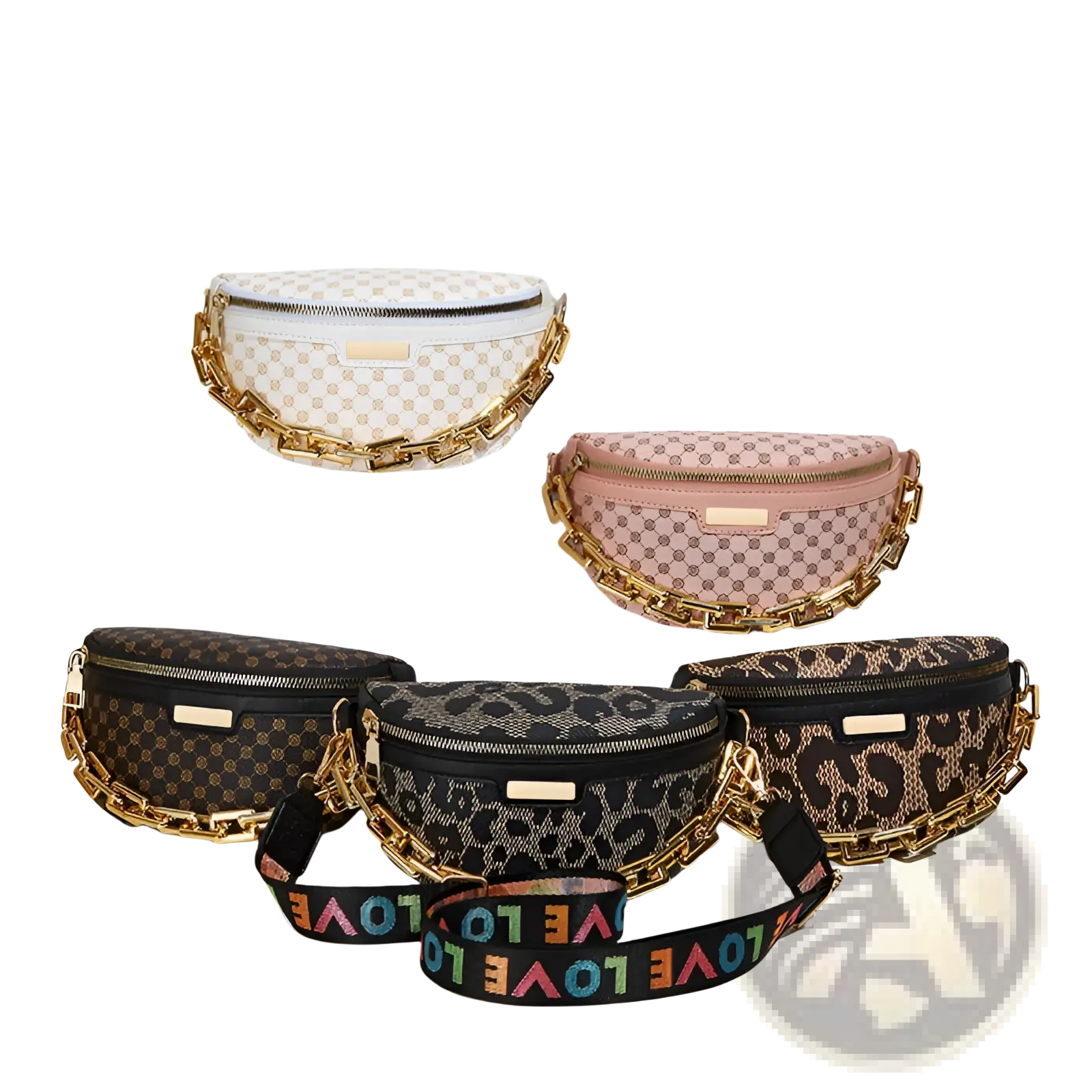 A collection of stylish waist bags with gold-tone chain straps in white pink brown and leopard print designs