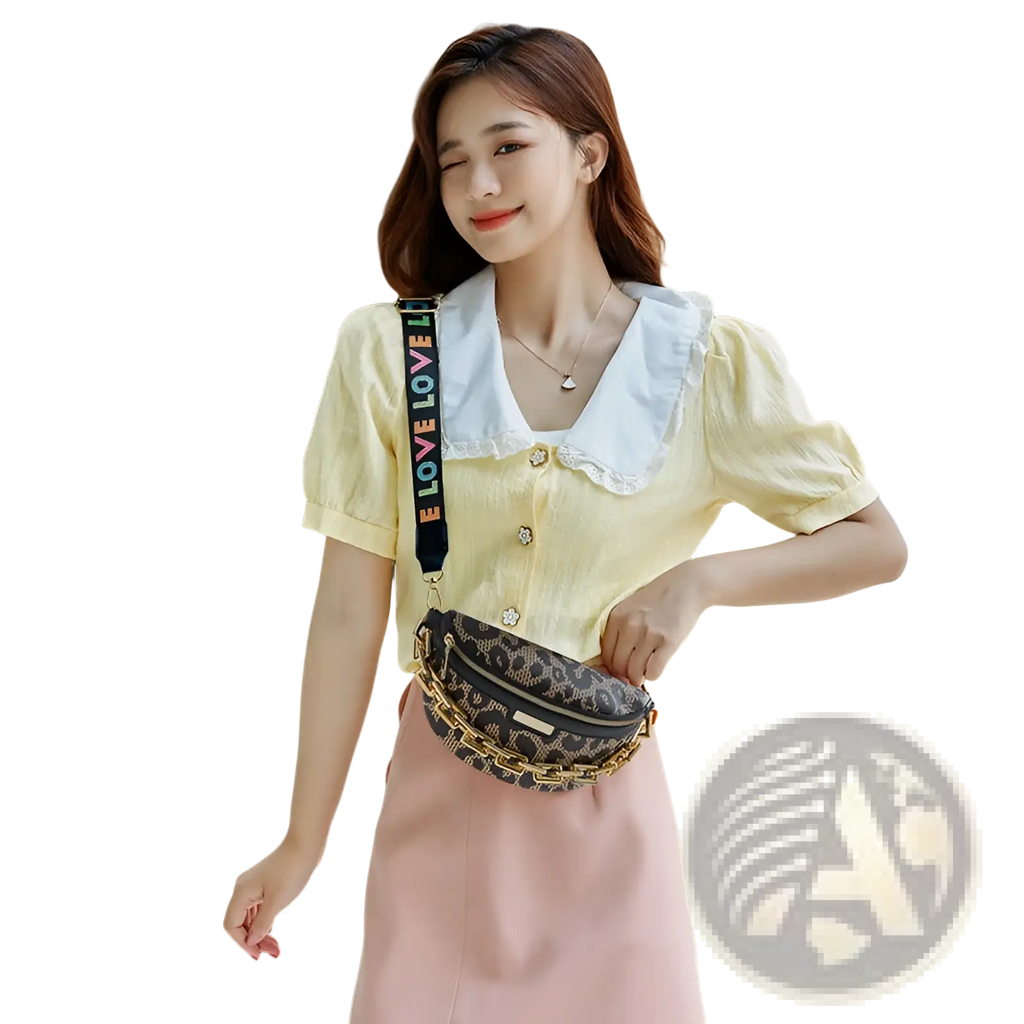 Leopard print chain waist bag for women in black and gold with stylish leopard pattern and chain strap