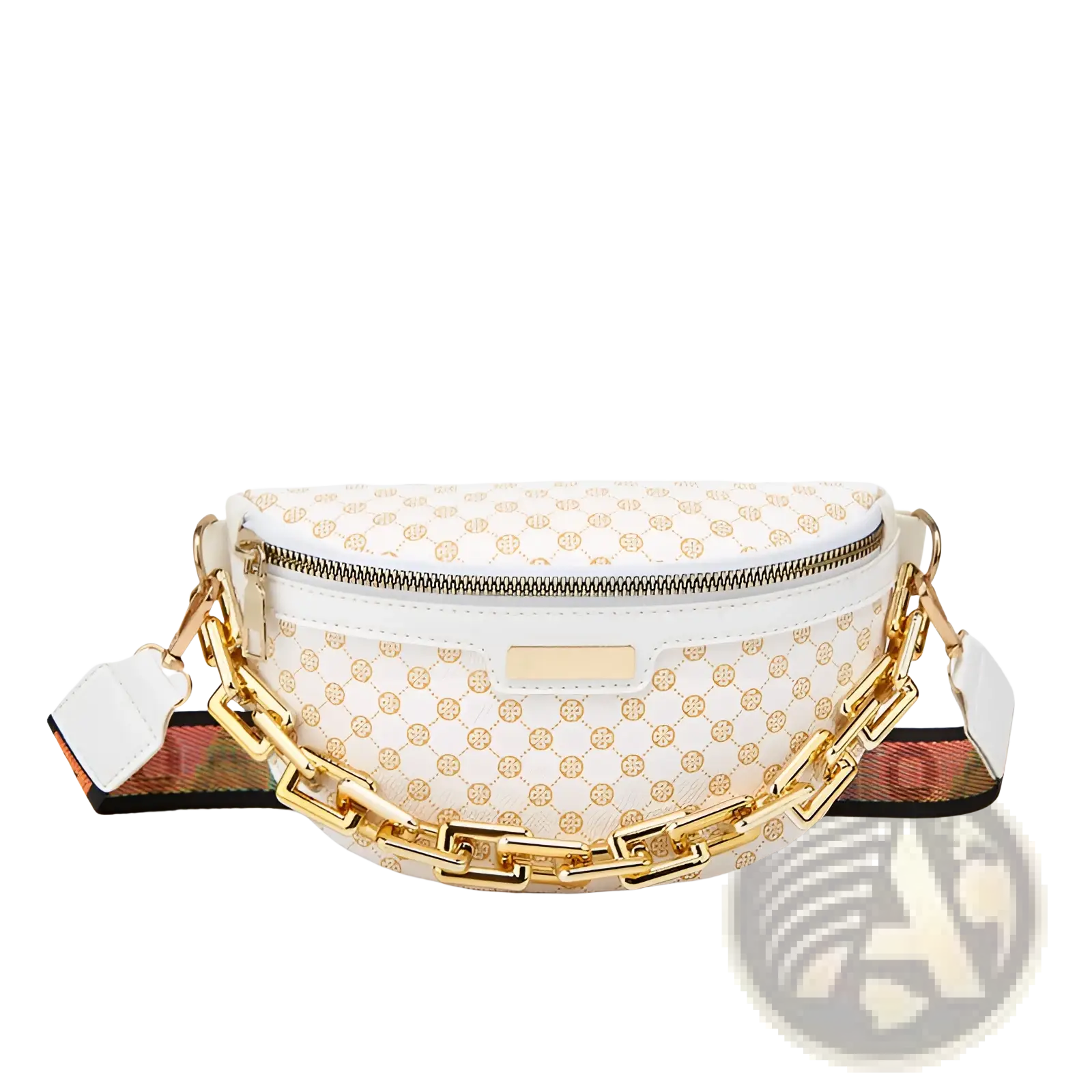 White belt bag with gold-toned interlocking logo pattern and bold chain strap in leopard print design for women