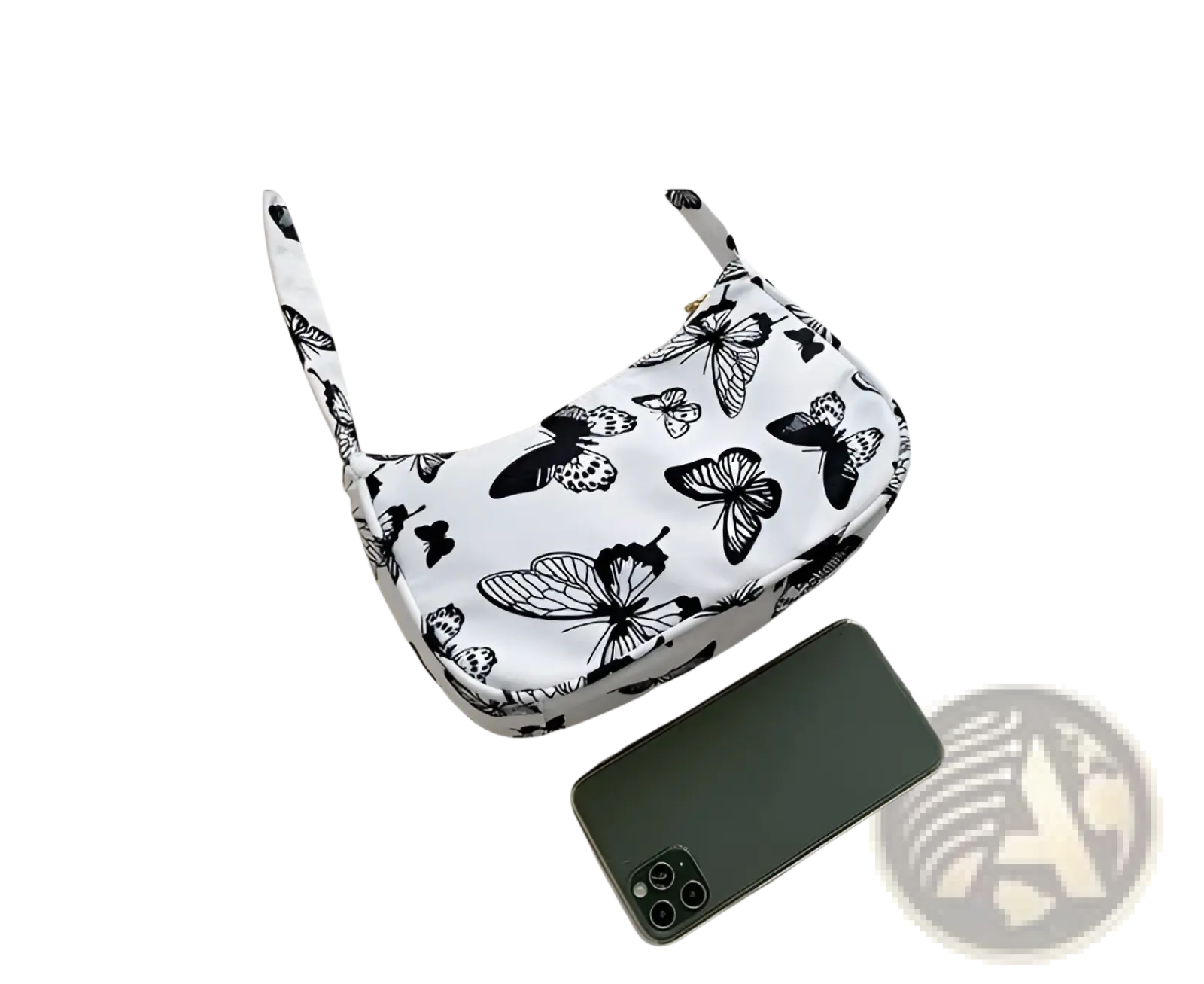 White canvas shoulder bag with black butterfly print complementing leopard print and checkered nylon underarm bag design