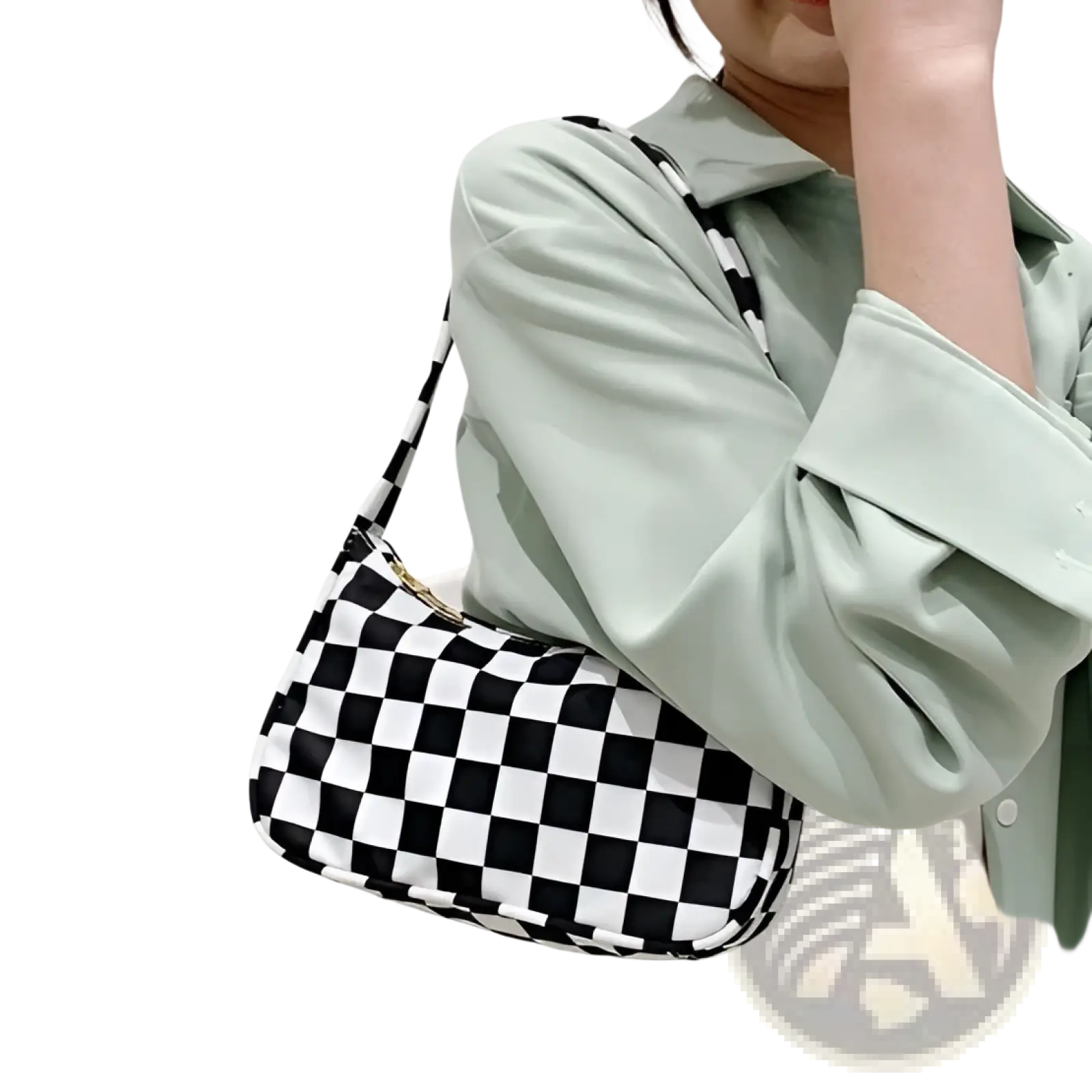 Black and white checkered nylon underarm bag with sleek modern design and leopard print detail