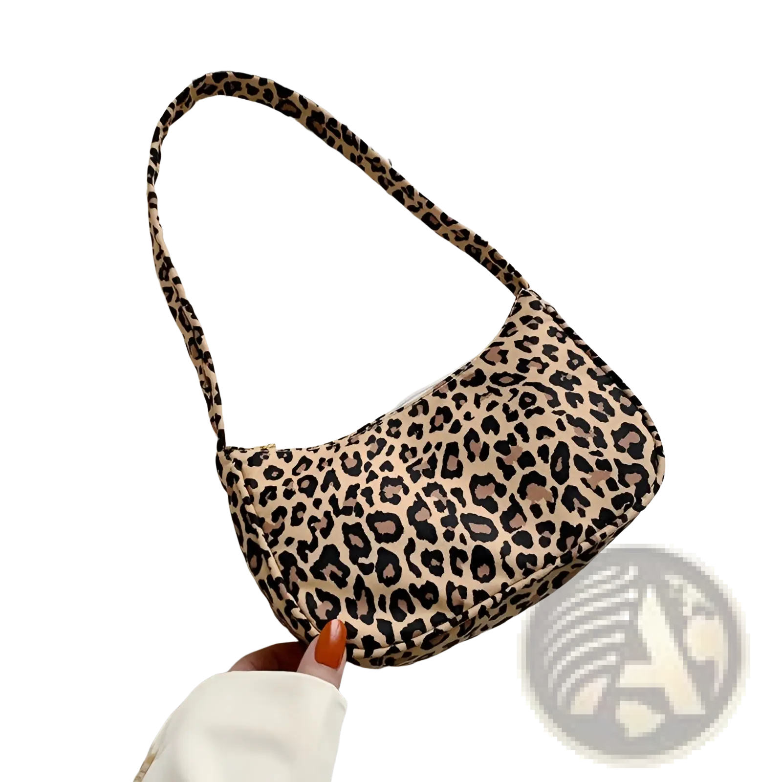 A beige and black leopard print nylon shoulder bag with a curved soft silhouette for underarm use
