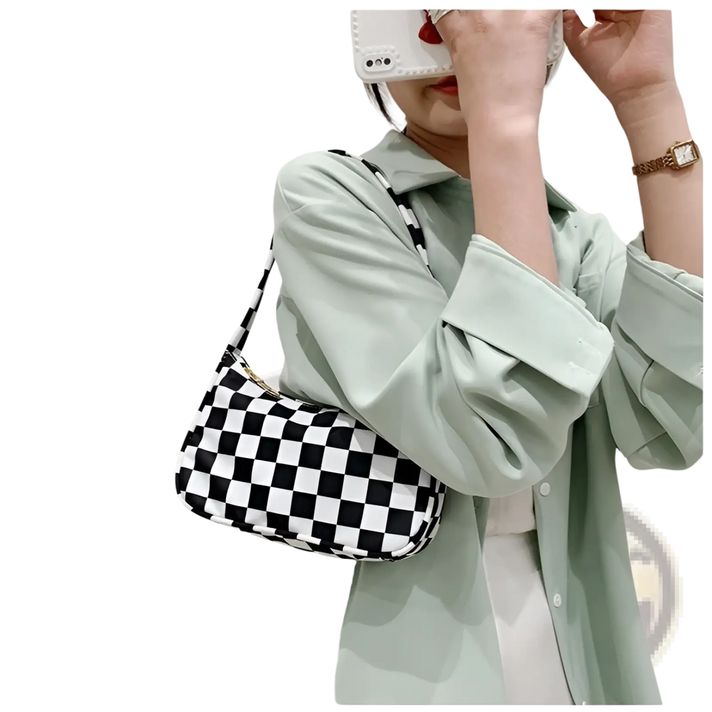 Black and white checkered nylon underarm bag with sleek modern design from leopard print and checkered collection