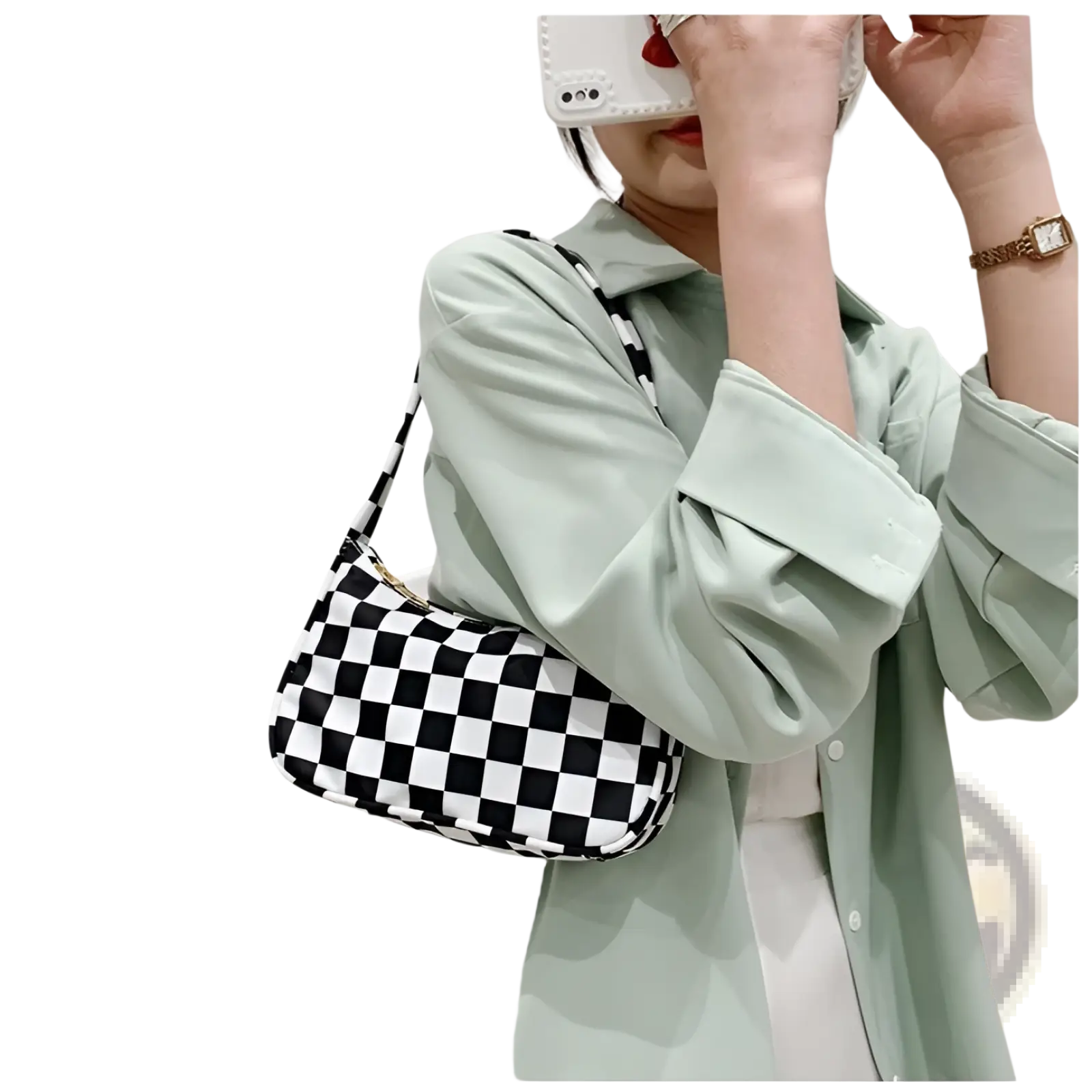Black and white checkered nylon underarm bag with sleek modern design from leopard print and checkered collection