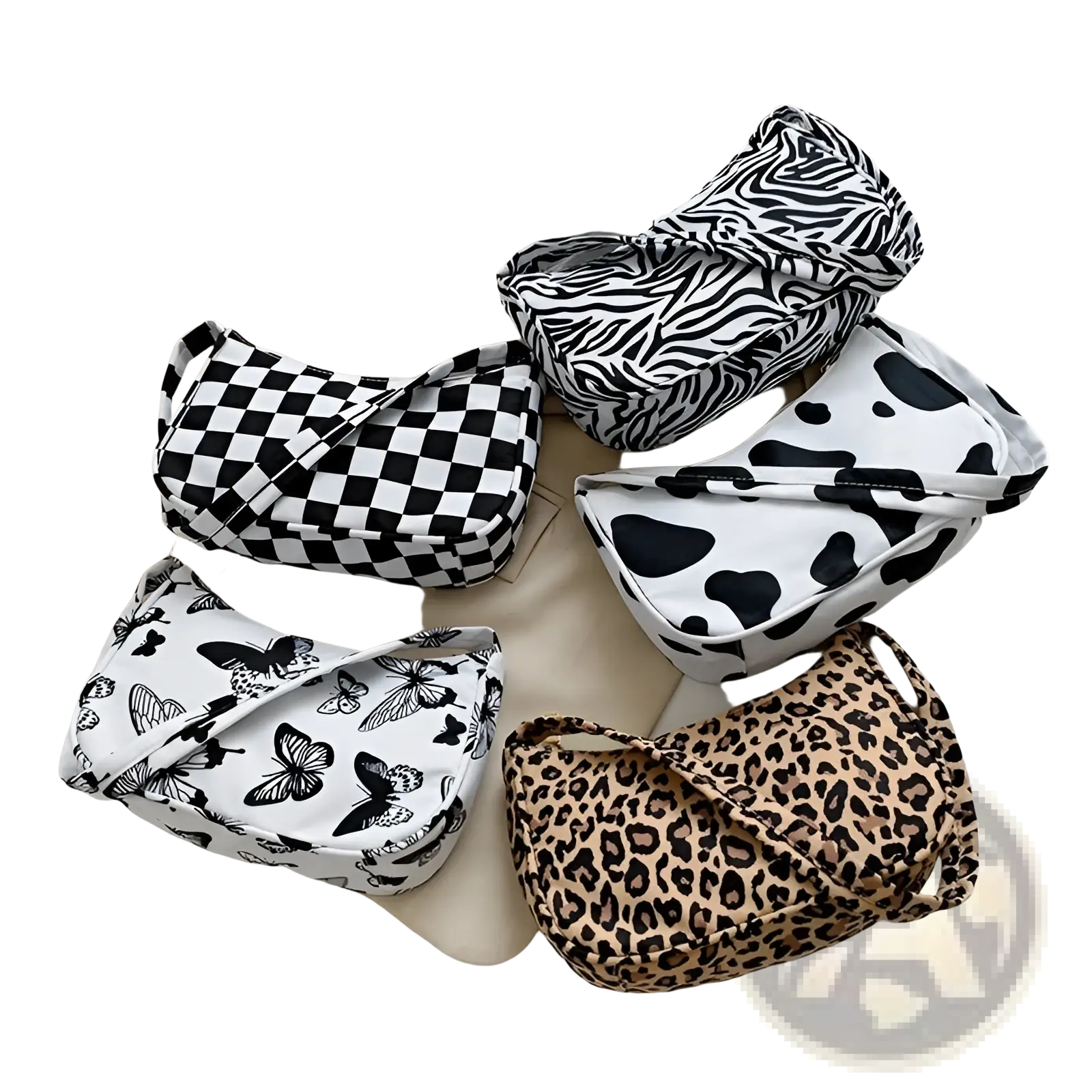 Five stylish black and white patterned nylon crossbody bags including checkerboard and leopard print underarm bag