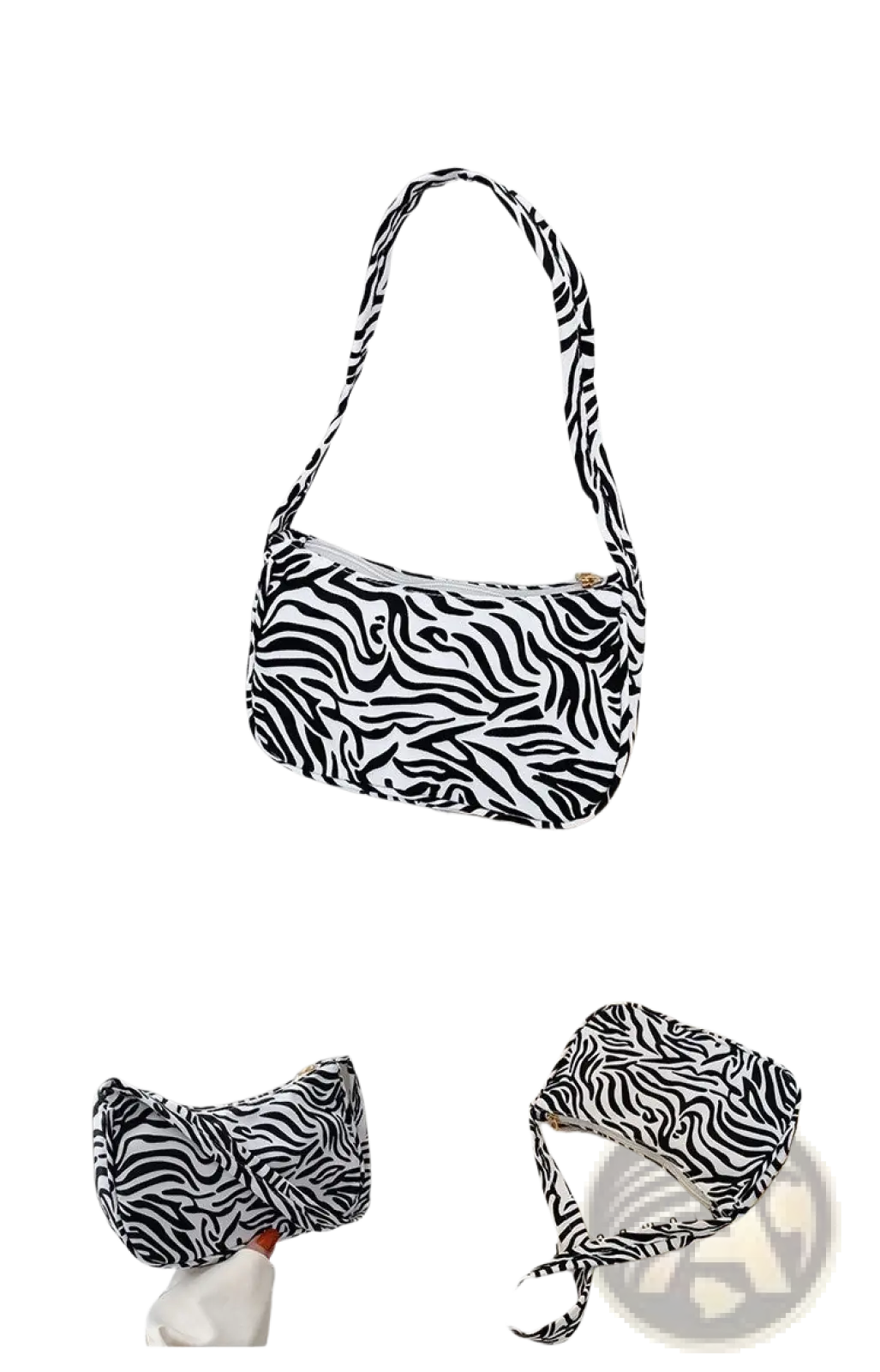A black and white zebra-print nylon shoulder bag with a sleek curved design for underarm use