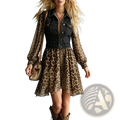 Leopard print chiffon dress with long sleeves paired with blue denim vest overlay for casual wear