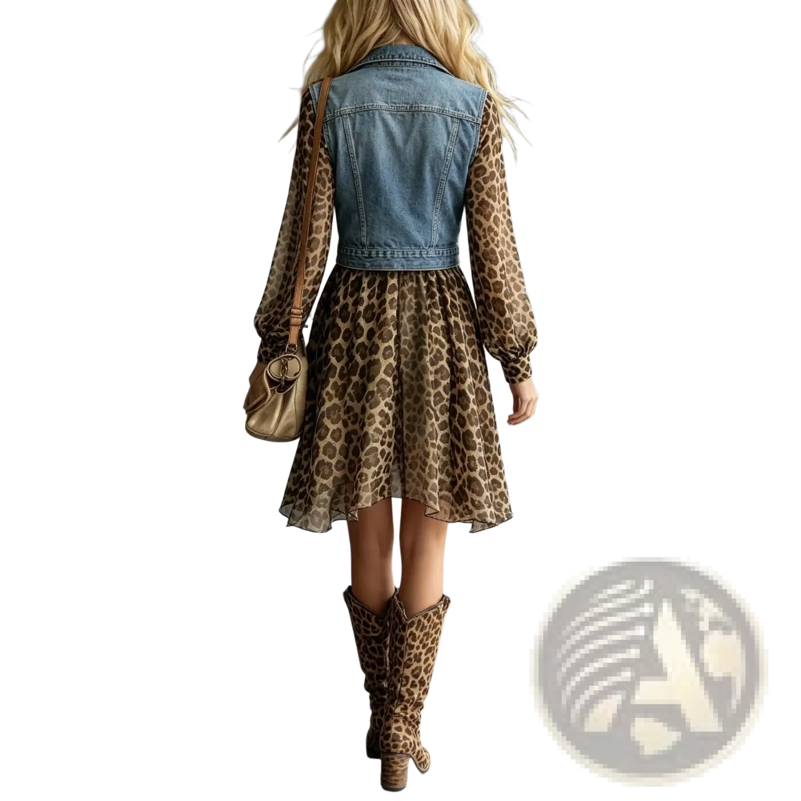 A woman wearing a leopard print chiffon dress with long sleeves and asymmetrical hem layered under a denim vest