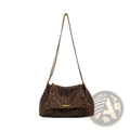 Brown leopard print crossbody bag with gold-tone chain strap and matching metallic clasp for shoulder wear
