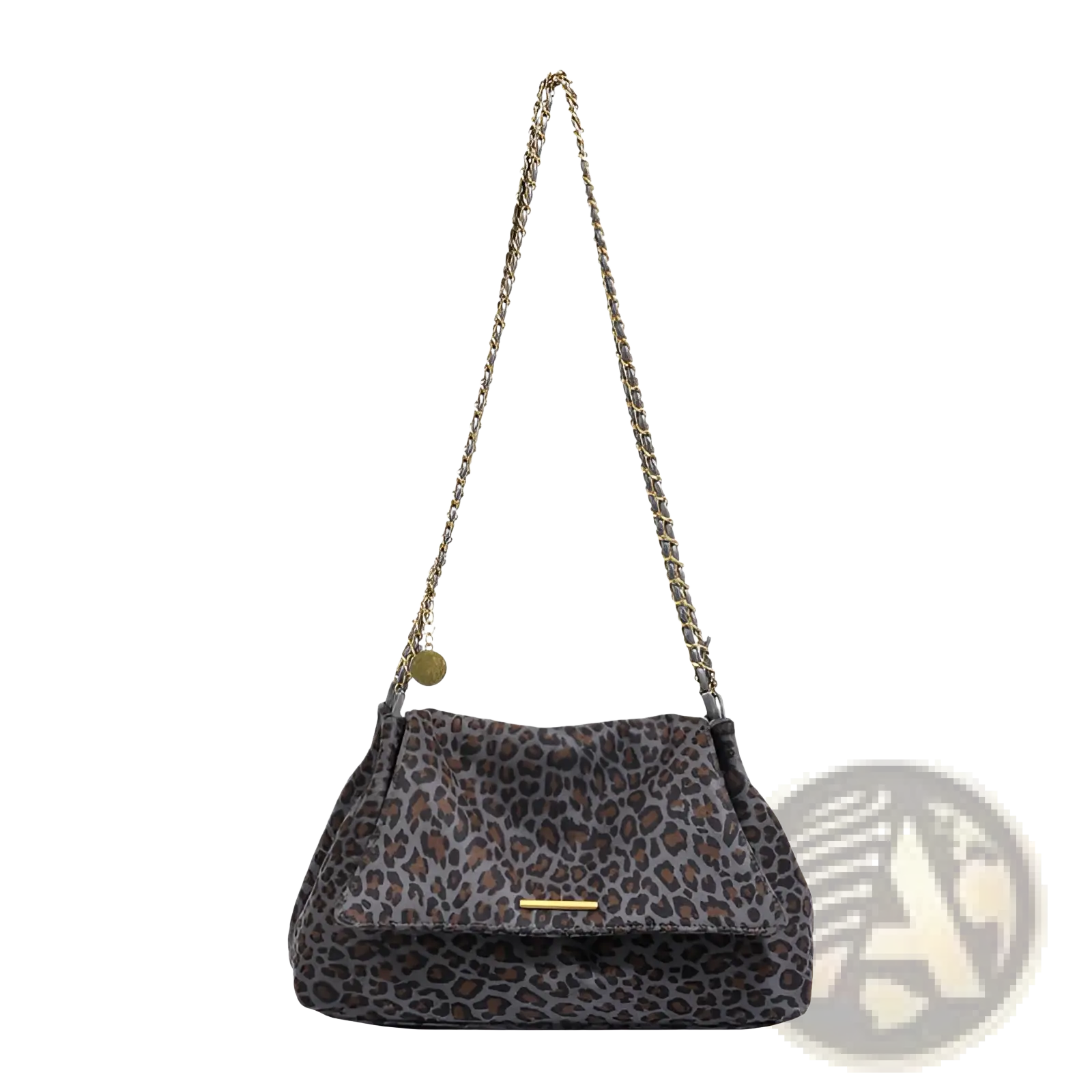 A sleek gray leopard print crossbody bag with gold tone chain strap and matching hardware for stylish use
