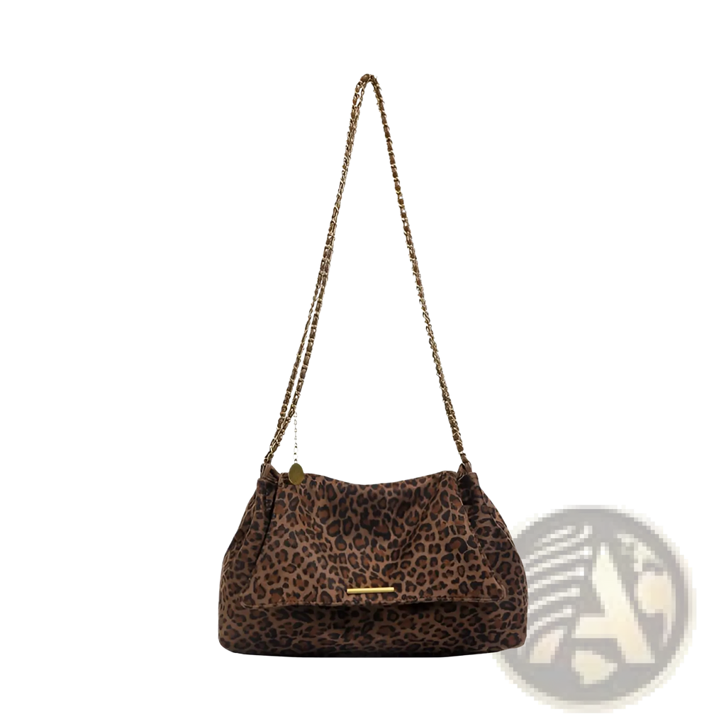Brown leopard print crossbody bag with a gold chain strap and matching metallic clasp for stylish carrying