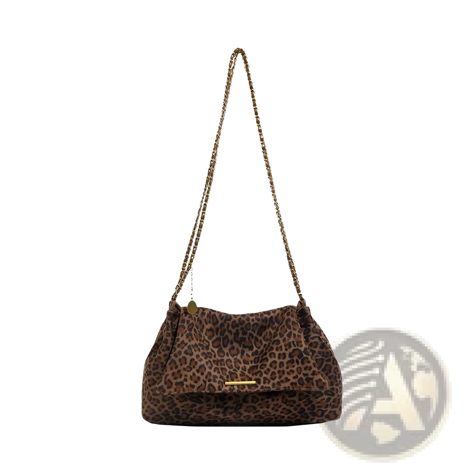 Brown leopard print crossbody bag with a gold chain strap and matching metallic clasp for stylish carrying