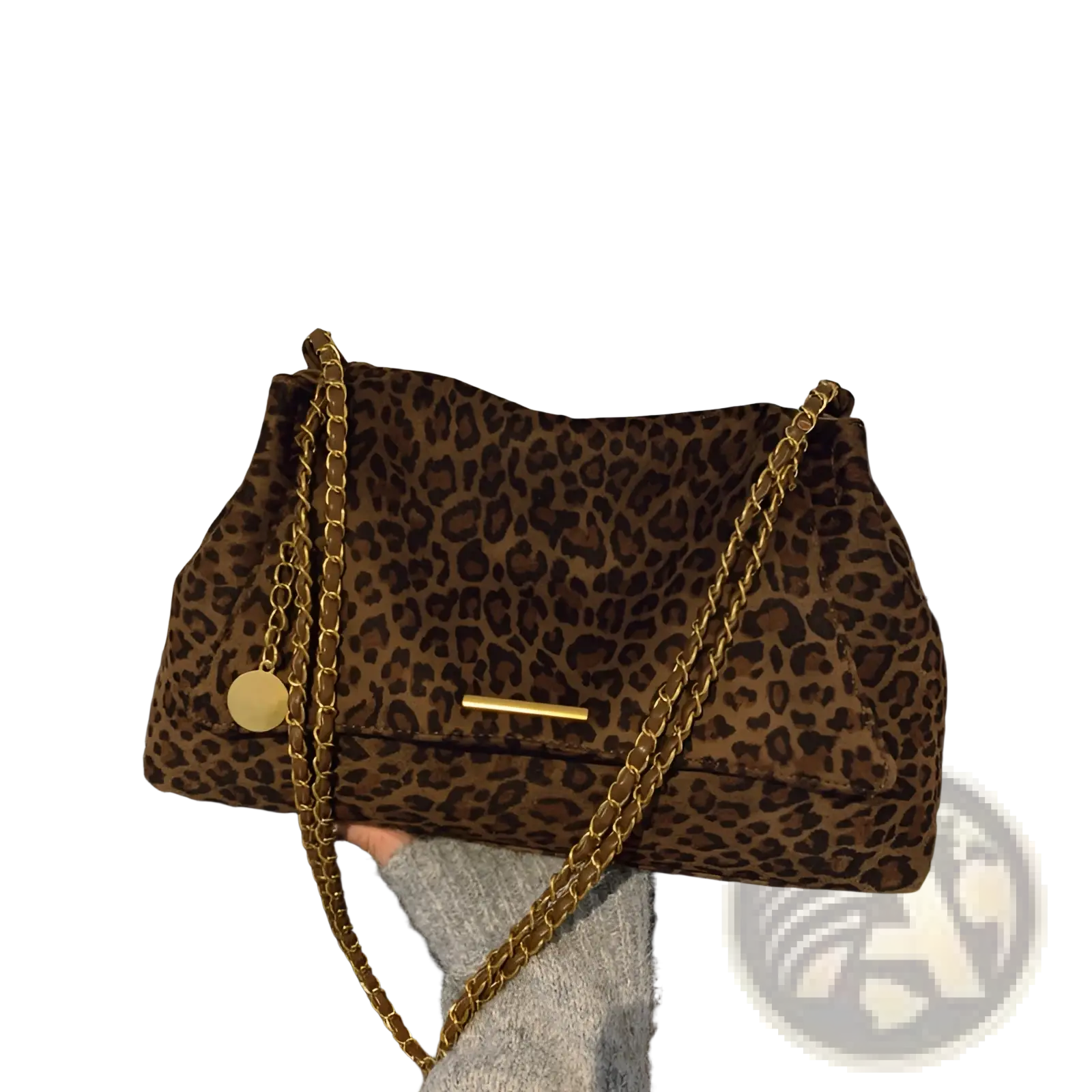 Brown leopard-print suede crossbody bag with gold chain strap and circular metal charm