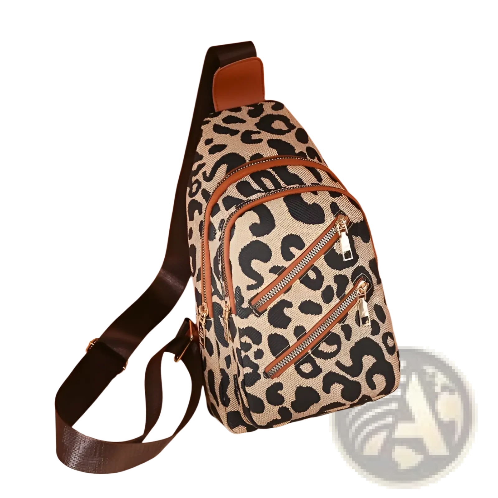 Leopard print crossbody bag with headphone jack featuring canvas material and brown leather accents with zippers