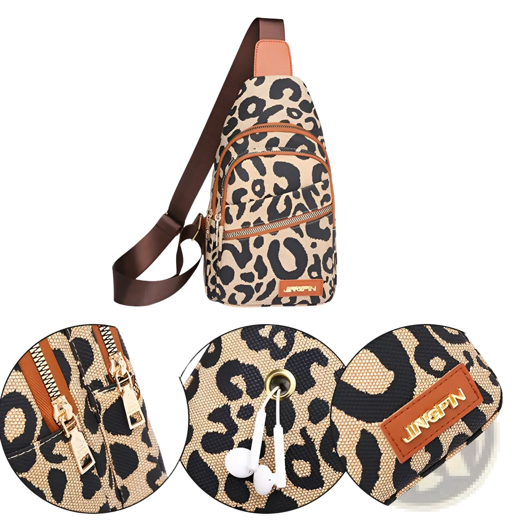Leopard print canvas crossbody bag with brown leather accents gold tone zippers and headphone jack feature