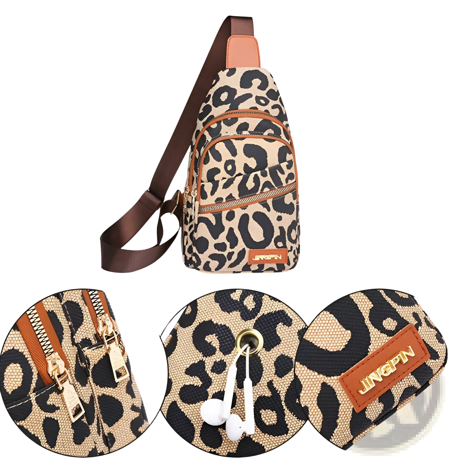 Leopard print canvas crossbody bag with brown leather accents gold tone zippers and headphone jack feature