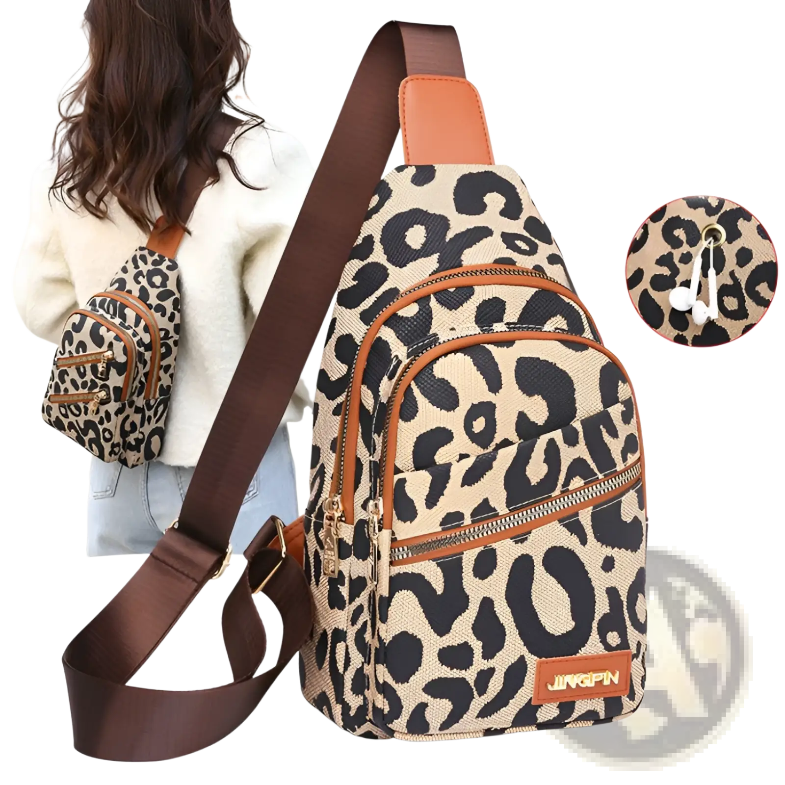 Leopard print canvas crossbody bag with brown leather accents zippers and headphone jack for convenient use