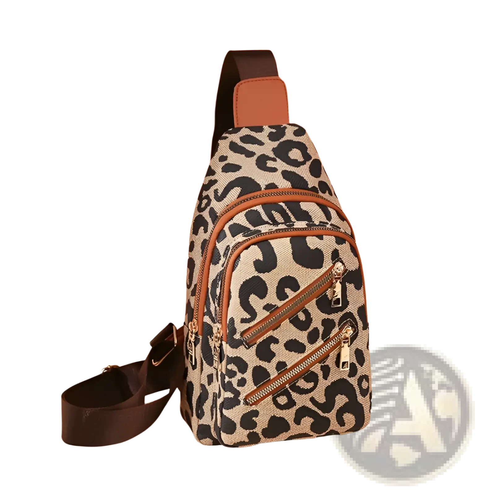 Leopard print canvas crossbody bag with brown leather accents zippers and headphone jack for convenient use