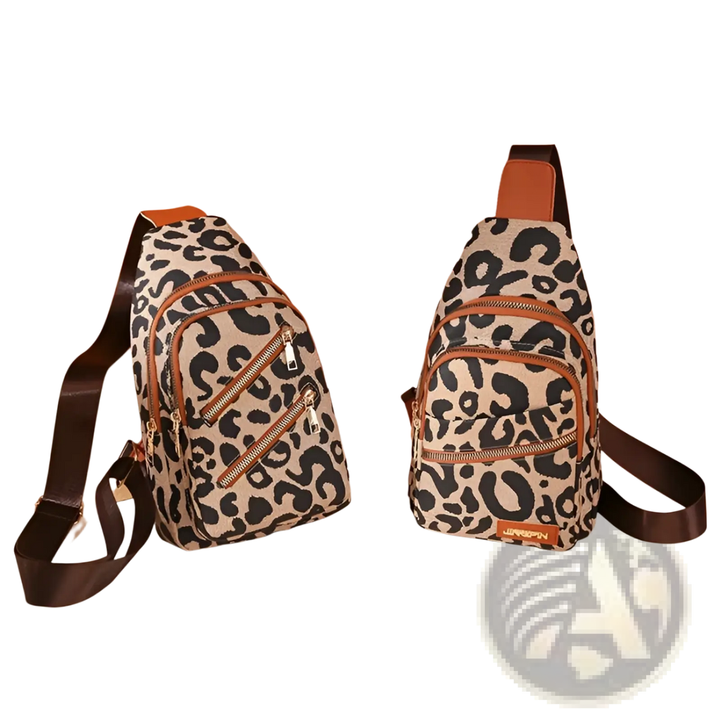 Leopard print canvas crossbody bag with brown leather accents zippers and headphone jack for hands free use