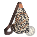 Leopard print canvas crossbody bag with brown leather accents zippers and a headphone jack for convenient use