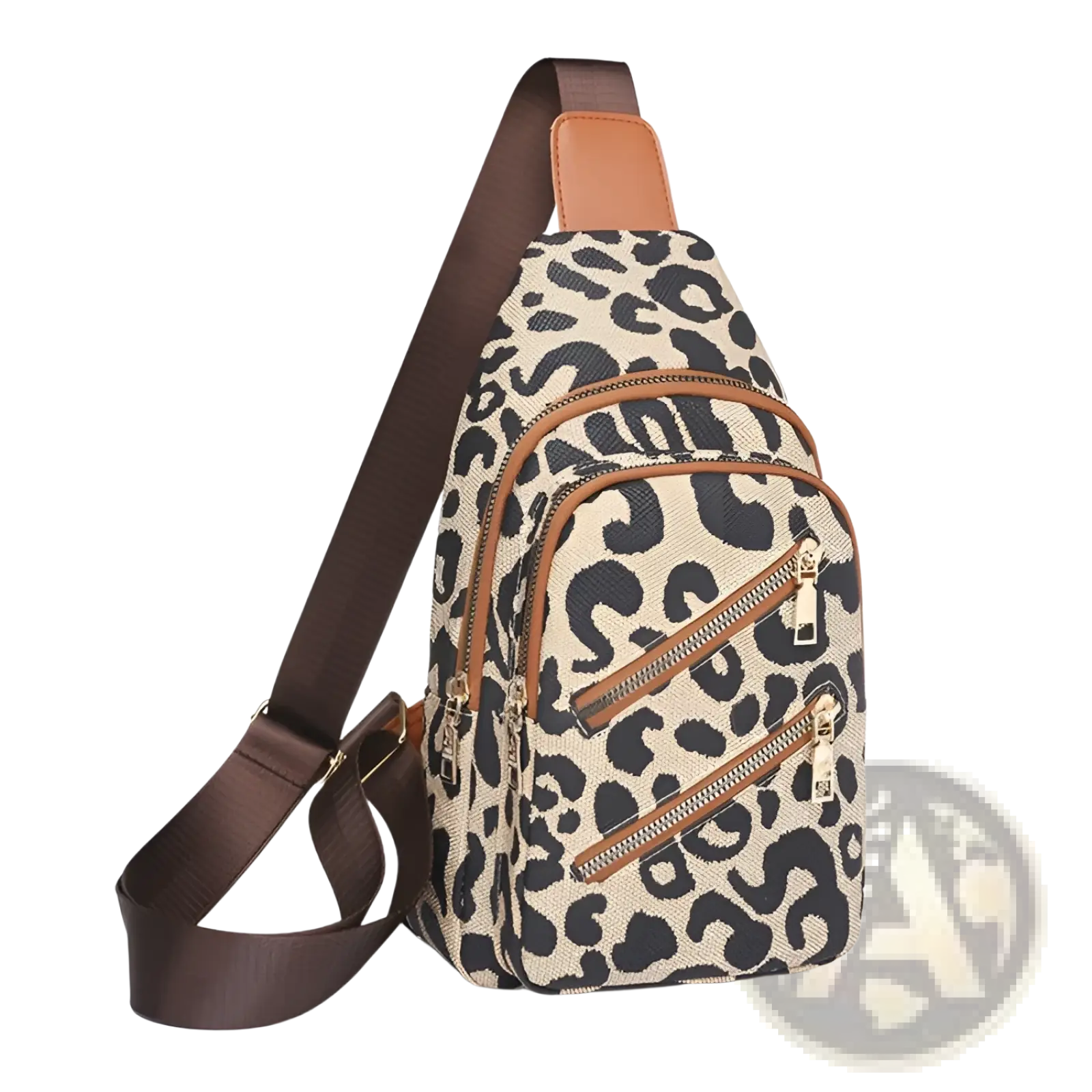 Leopard print canvas crossbody bag with brown leather accents zippers and a headphone jack for convenient use