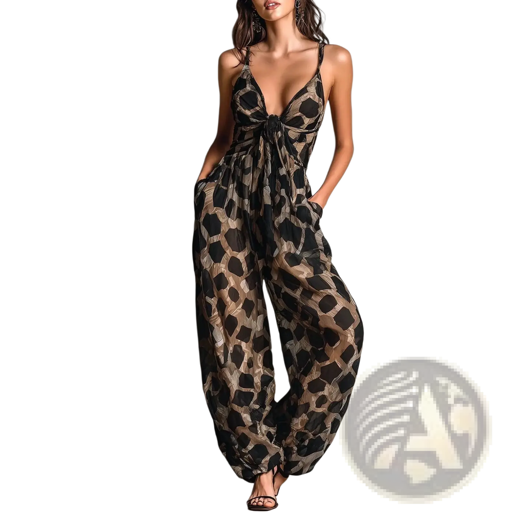 Leopard print deep v neck jumpsuit in black and beige with thin spaghetti straps and tied waist detail