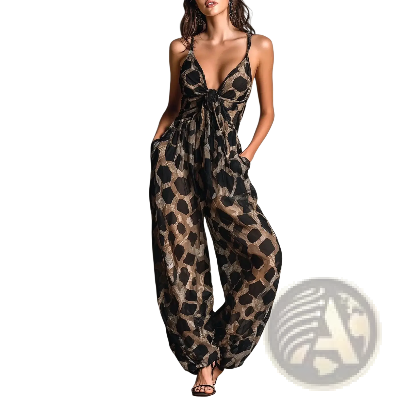 Leopard print deep v neck jumpsuit in black and beige with thin spaghetti straps and tied waist detail