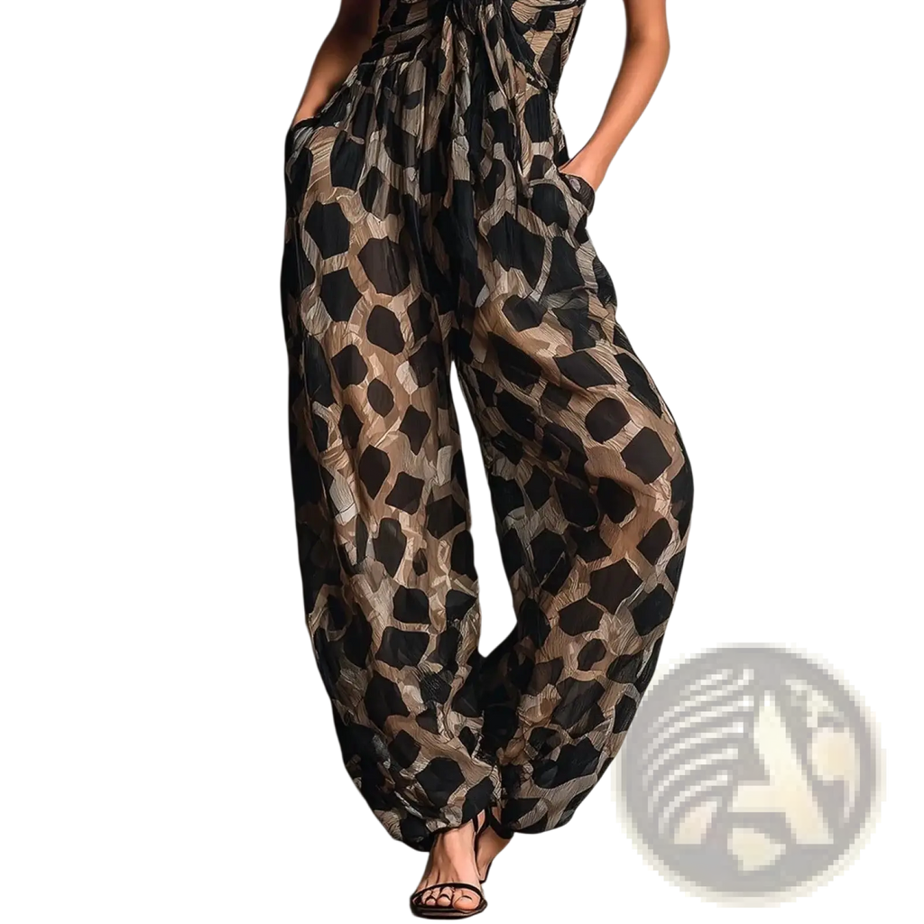 Black and beige leopard print wide-leg jumpsuit with deep v neck and flowing sheer fabric