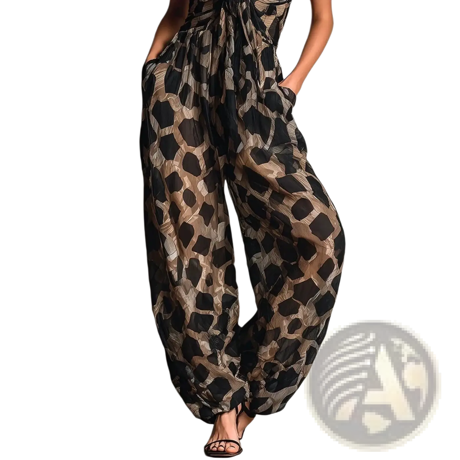 Black and beige leopard print wide-leg jumpsuit with deep v neck and flowing sheer fabric