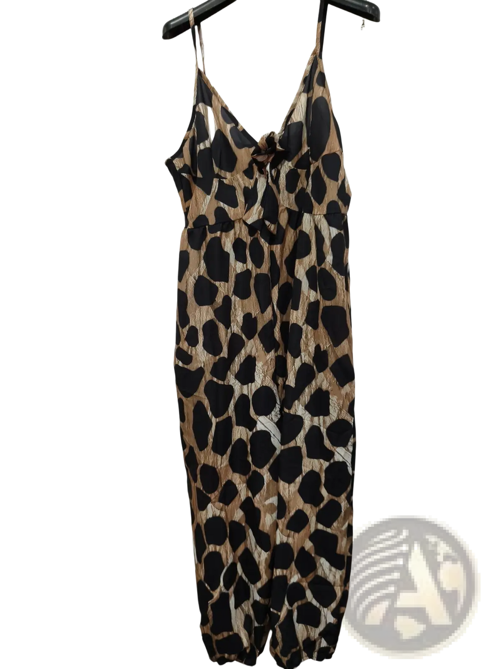 Leopard print deep v neck jumpsuit with spaghetti straps gathered waist and elasticated hems in leopard print