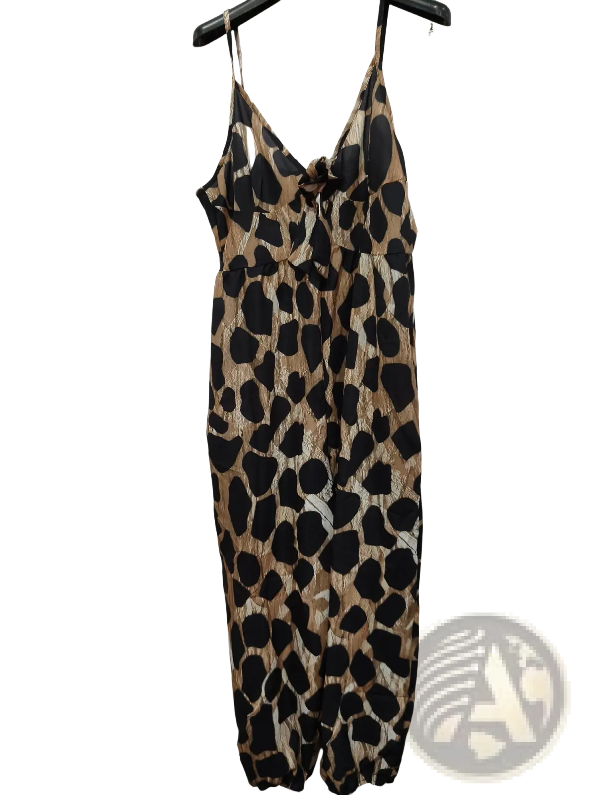 Leopard print deep v neck jumpsuit with spaghetti straps gathered waist and elasticated hems in leopard print