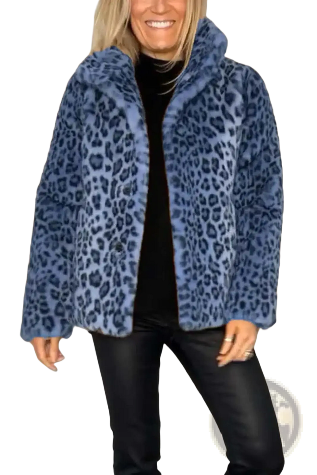 Blue leopard print faux fur hooded woolen coat featuring a soft warm texture ideal for winter wear