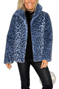 Blue leopard print faux fur hooded woolen coat featuring a soft warm texture ideal for winter wear