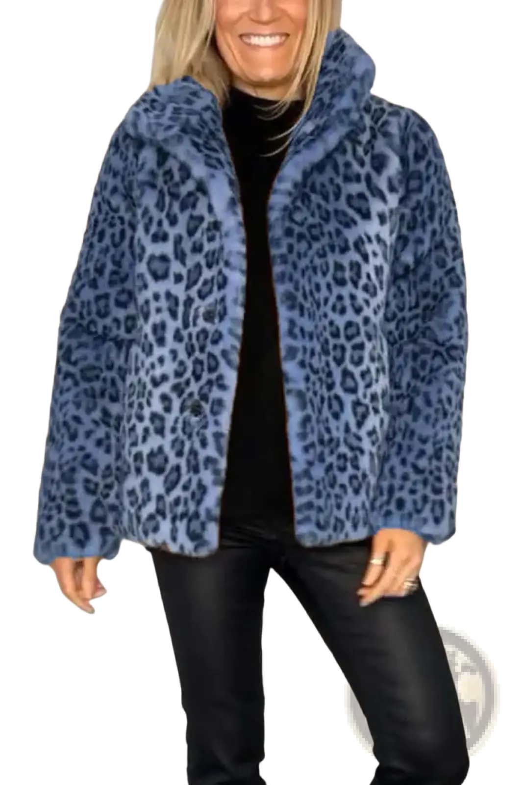 Blue leopard print faux fur hooded woolen coat featuring a soft warm texture ideal for winter wear