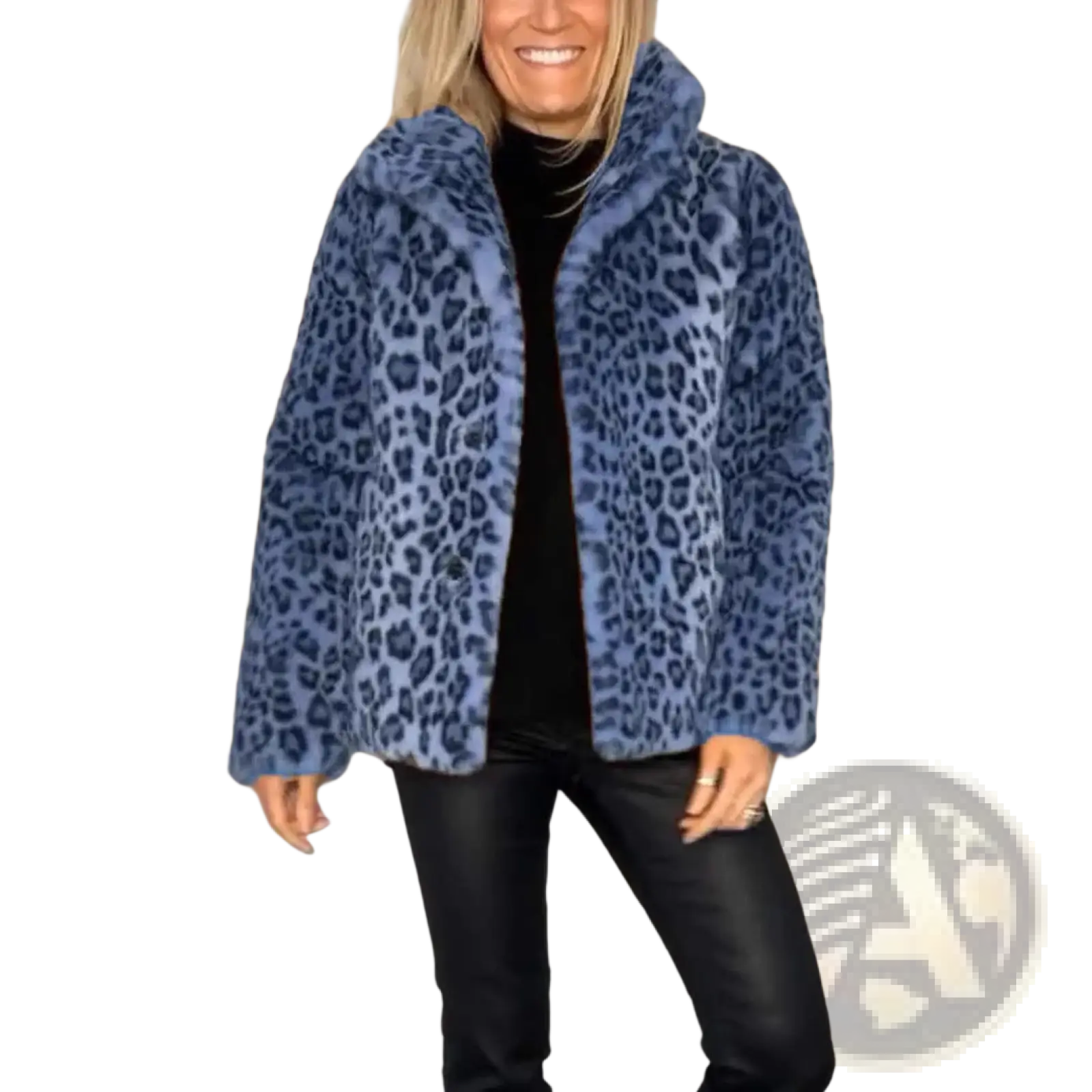 Leopard print faux fur hooded woolen coat in blue with a cozy hood and soft plush texture