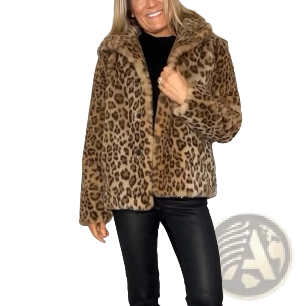 A cozy leopard print faux fur hooded woolen coat with plush hood and soft texture for warmth and style