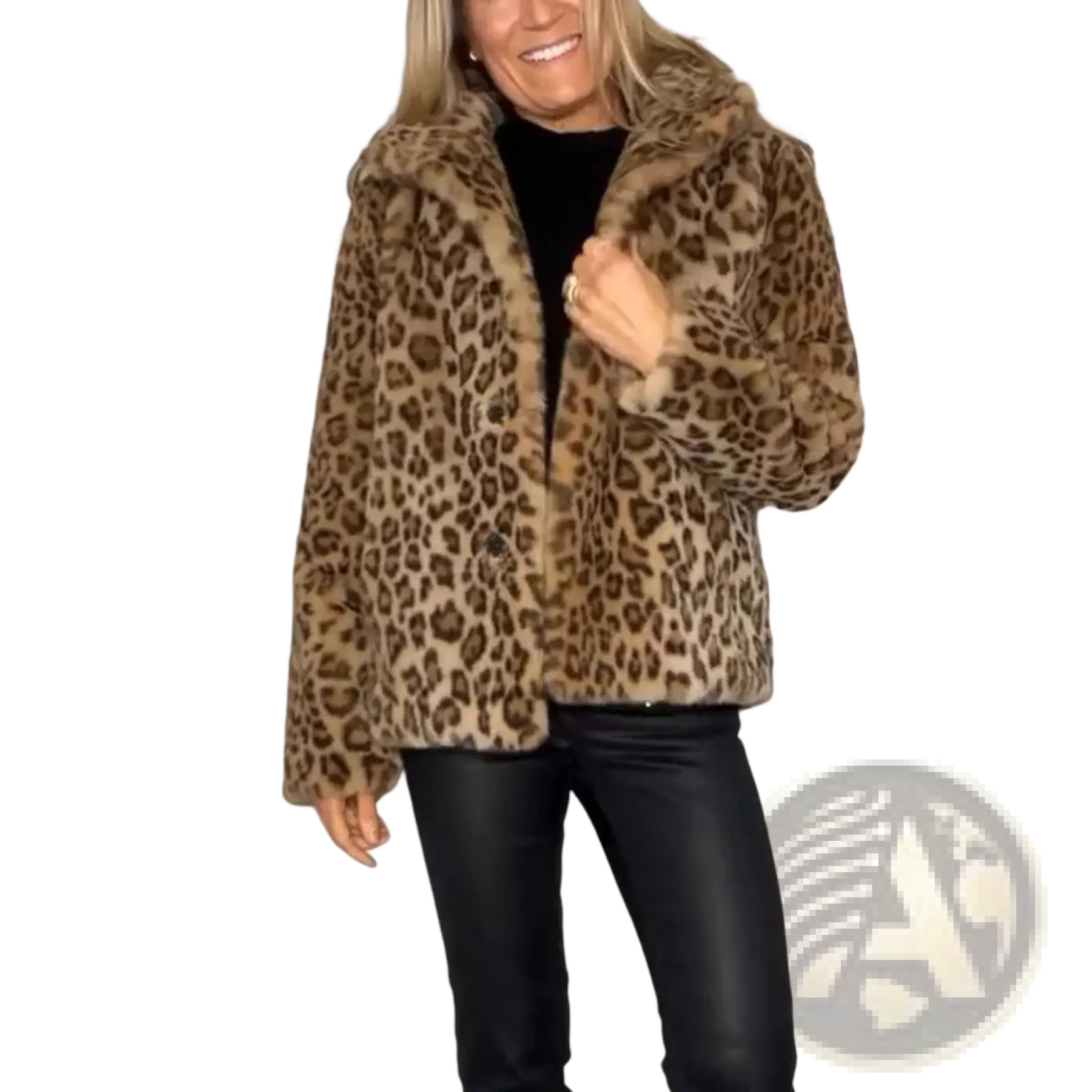 A cozy leopard print faux fur hooded woolen coat with plush hood and soft texture for warmth and style