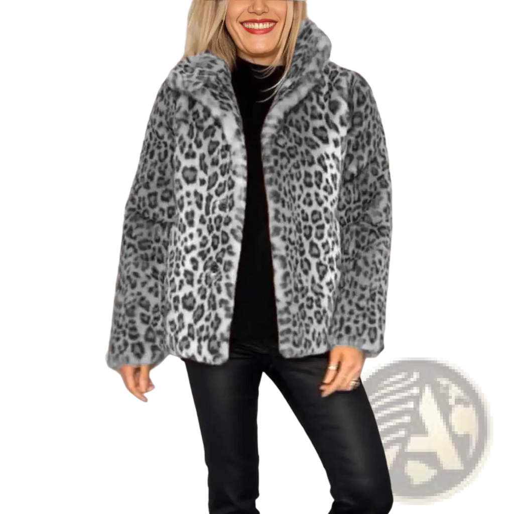 A cozy gray and black leopard print faux fur hooded woolen coat perfect for cold weather wear